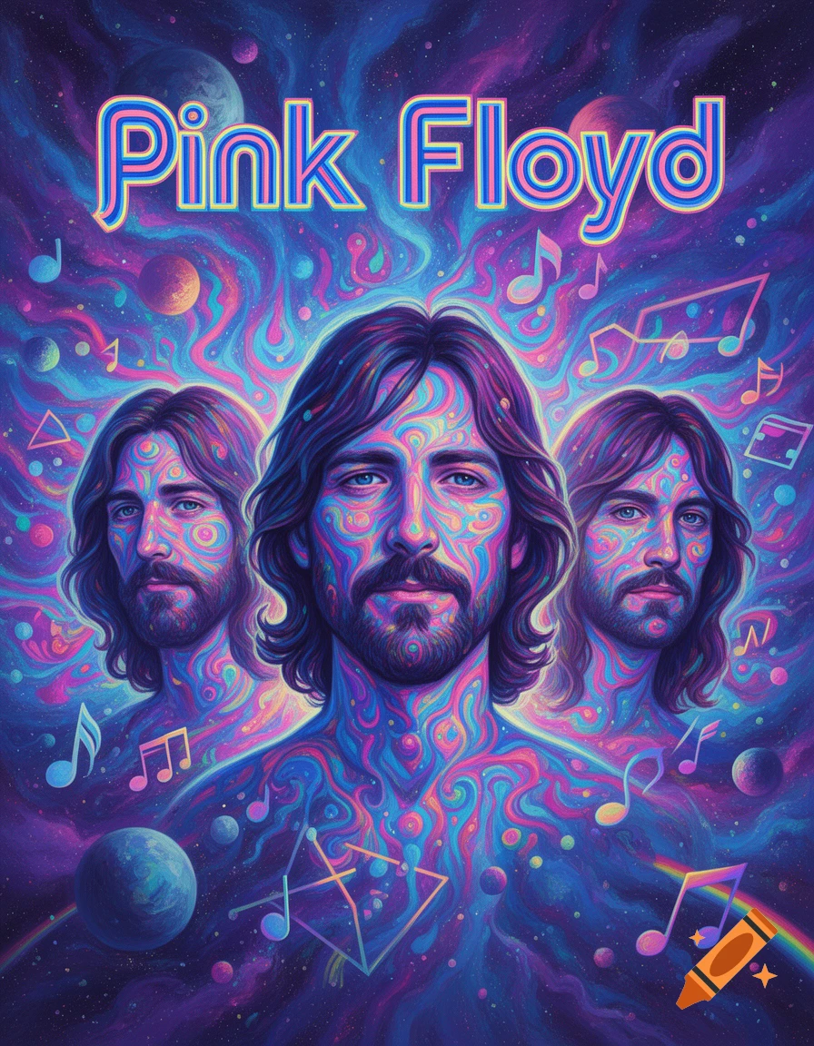 Psychedelic poster art of three men with swirling patterns on their faces and bodies, with 'Pink Floyd' text above them, set against a cosmic background with planets and musical notes.