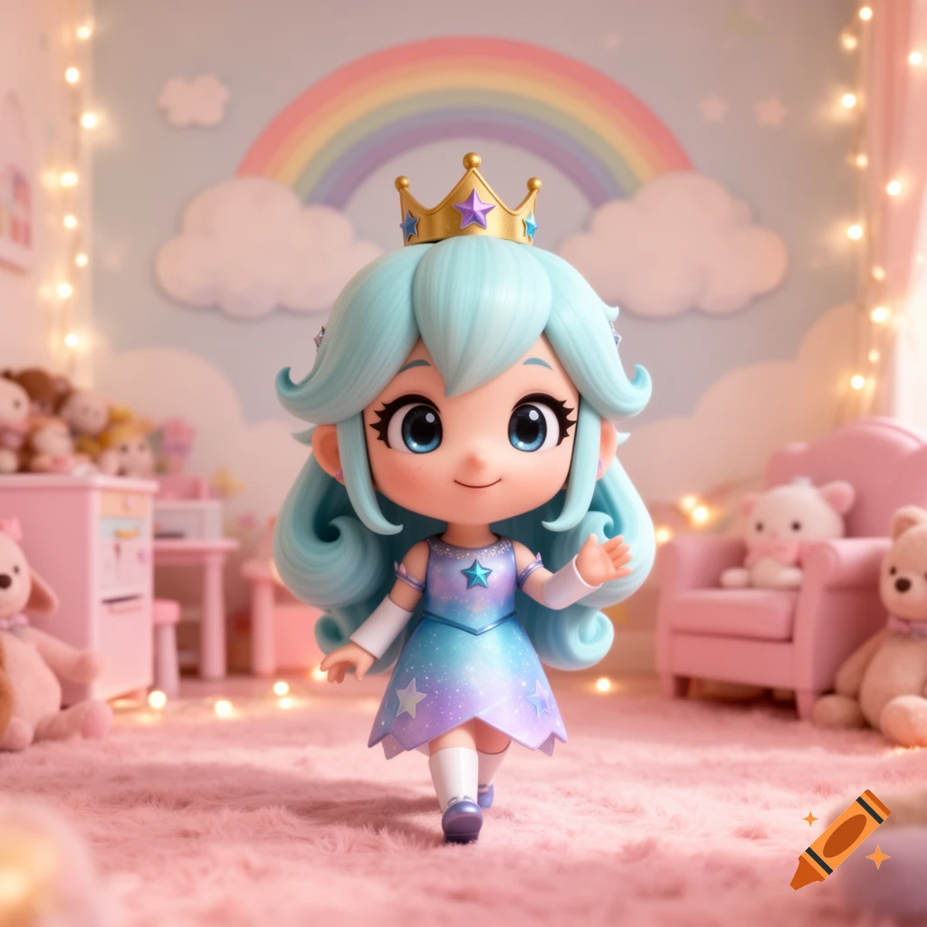 A cute chibi toddler doll with blue hair and a crown wears a starry dress, walking in a pastel pink playroom with a rainbow.