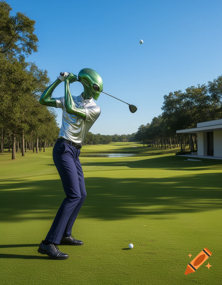 A green alien in a silver shirt and blue pants swings a golf club on a green golf course under a clear blue sky, with a golf ball in the air.