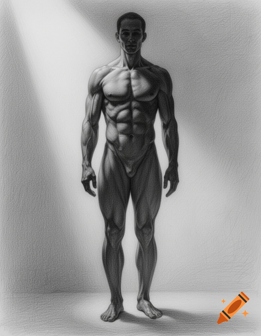 Pencil drawing of a muscular male figure standing, front view, with soft shadows and highlights.