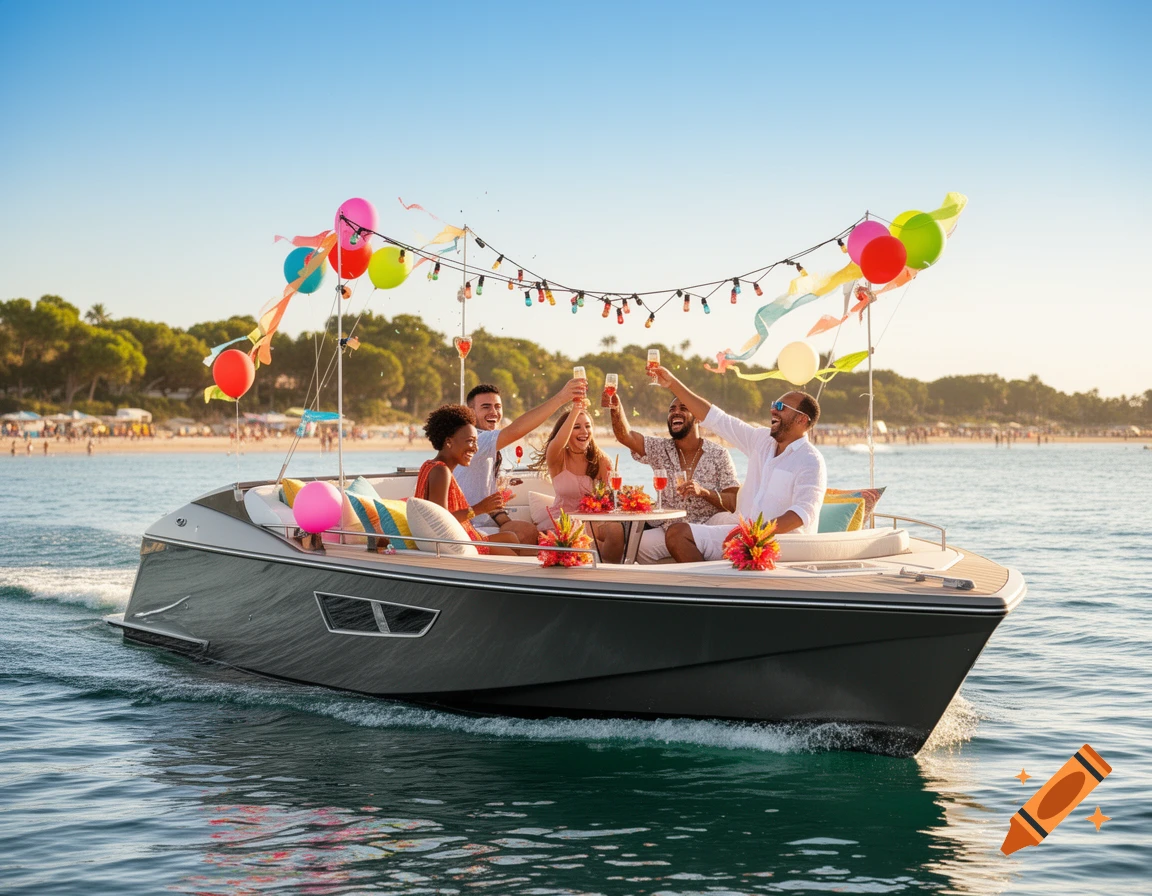 Five diverse friends celebrate on a decorated party boat, raising glasses on a sunny day near a sandy beach.