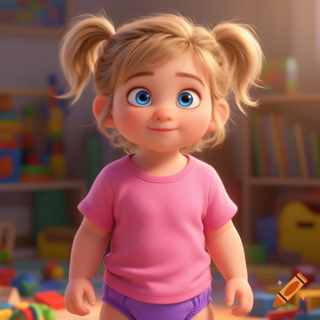 Pixar-style toddler girl with blonde pigtails, blue eyes, wearing a pink t-shirt and purple nappy, in a playroom.