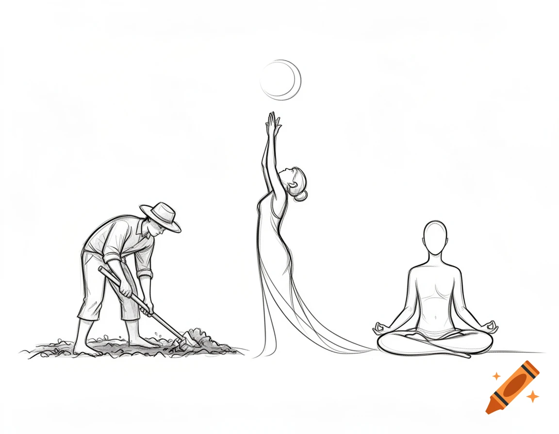 A sketch showing three minimalist figures: a person digging soil, a figure reaching upwards towards a crescent, and another in a lotus meditation pose.
