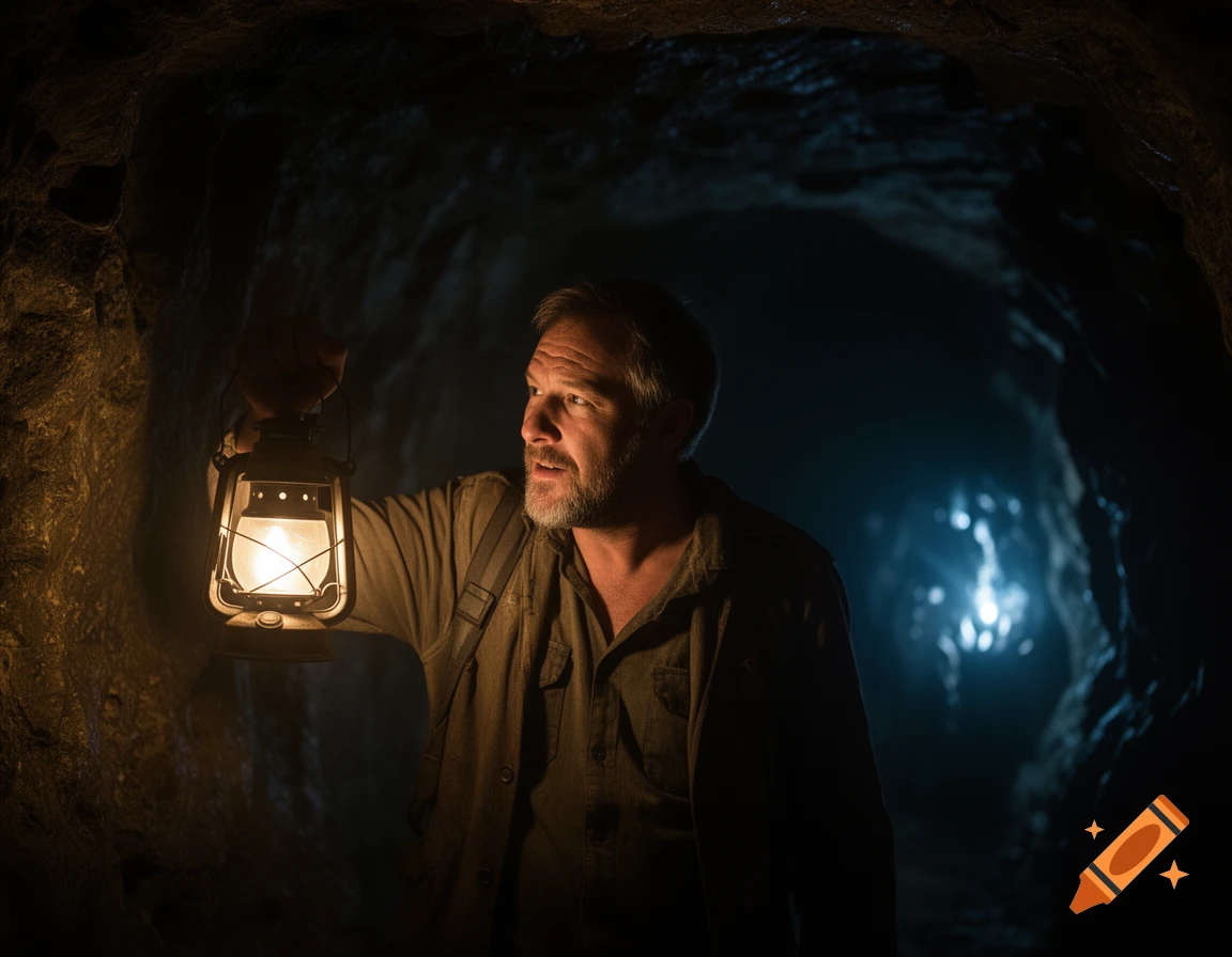 A bearded man holds a lit lantern, peering into a dark cave with a mysterious blue light in the distance. Photorealistic style.