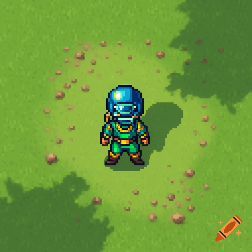 Top-down 16x16 pixel art of a player character in a blue helmet and green suit on a grassy field with scattered rocks.