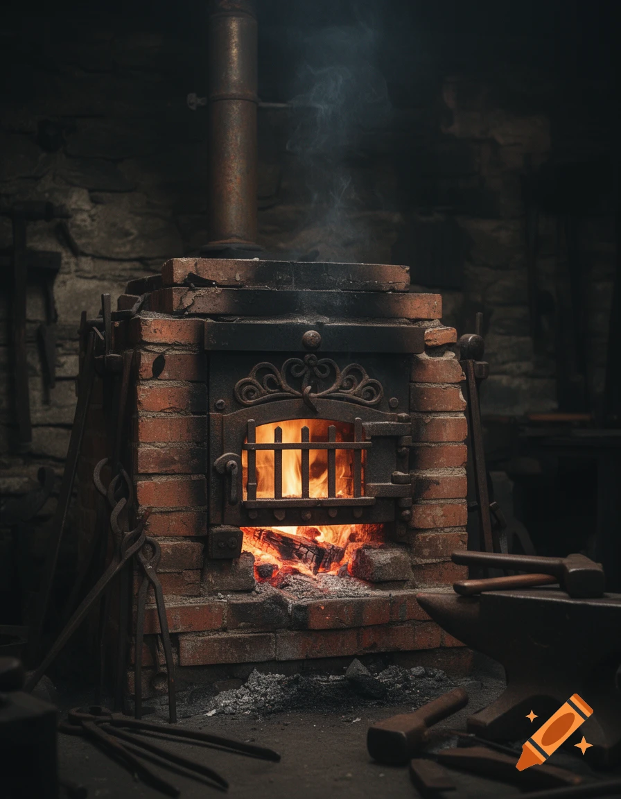 Photorealistic image of a brick furnace with glowing embers and rising smoke in a dark blacksmith's forge, surrounded by tools and an anvil.