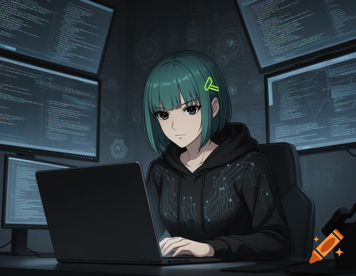 Anime girl with teal hair coding on a laptop, surrounded by multiple monitors displaying code in a dark room.