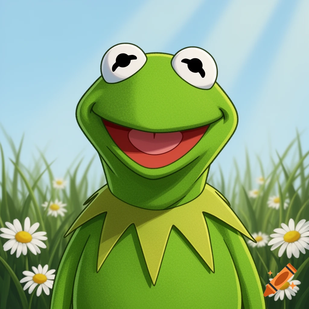 Smiling Kermit the Frog in a sunny field of green grass and white daisies, cartoon illustration.