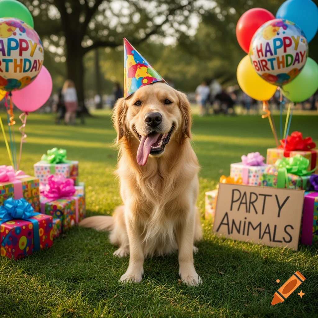 A happy Golden Retriever in a party hat sits in a park surrounded by birthday balloons and wrapped gifts, with a 'PARTY ANIMALS' sign.