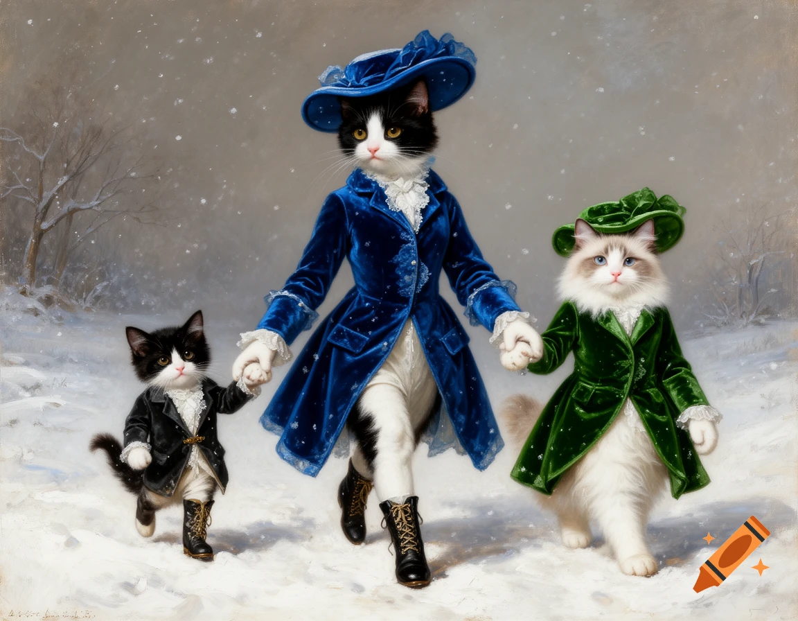 An oil painting depicts an adult black and white cat in a blue velvet coat and hat, holding paws with two kittens in 18th-century aristocratic attire, walking in the snow.