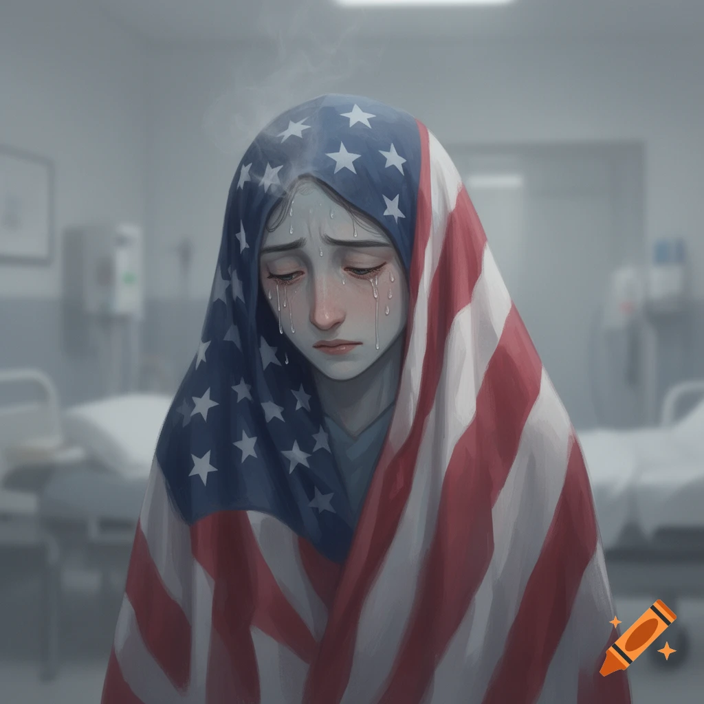 A crying figure, appearing sick, is draped in an American flag within a blurry hospital room, in a digital art style.