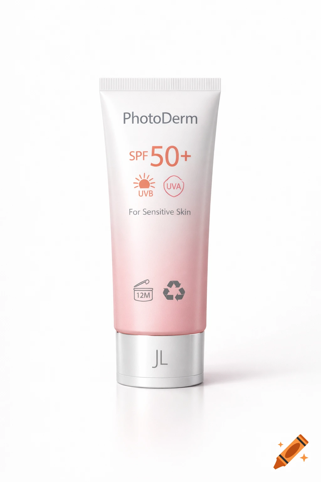 White and pink gradient tube of PhotoDerm SPF 50+ sunscreen for sensitive skin, with UVB/UVA symbols and 'JL' initials.