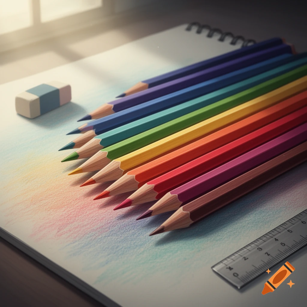 A colorful row of sharpened pencils on a white spiral notepad with an eraser and a ruler, captured in soft light.