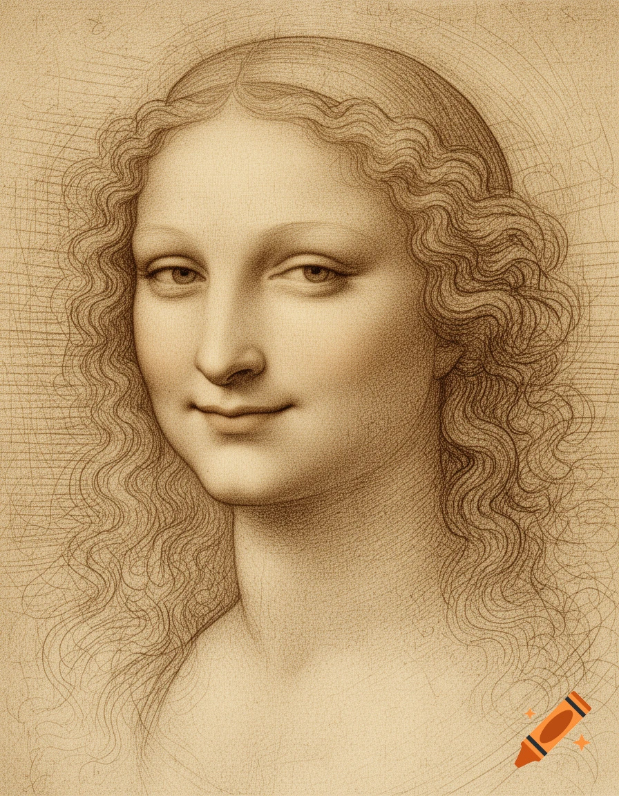 Sepia-toned drawing of a woman's face with wavy hair, in the style of Leonardo da Vinci, resembling the Mona Lisa.
