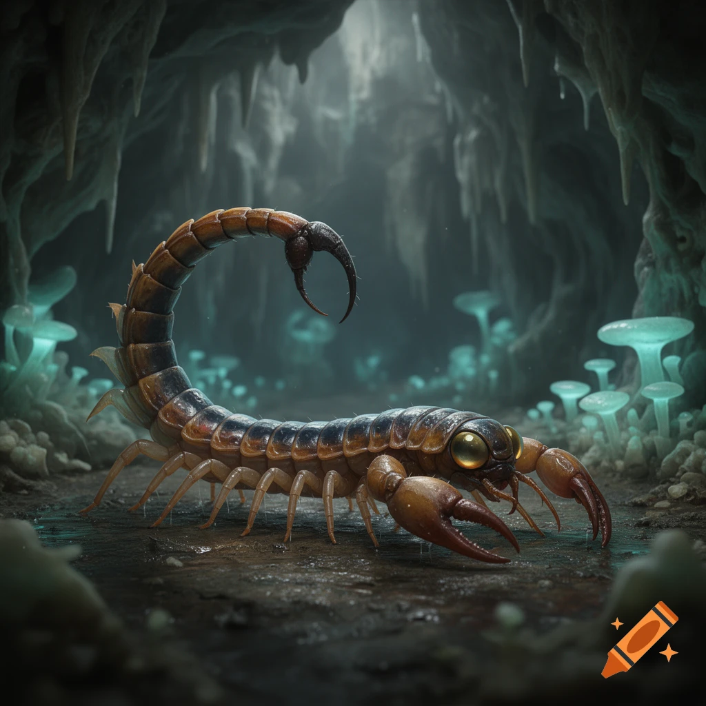 A detailed, photorealistic image of a centipede-scorpion mutant with glowing eyes in a dark, glowing mushroom-filled cave.