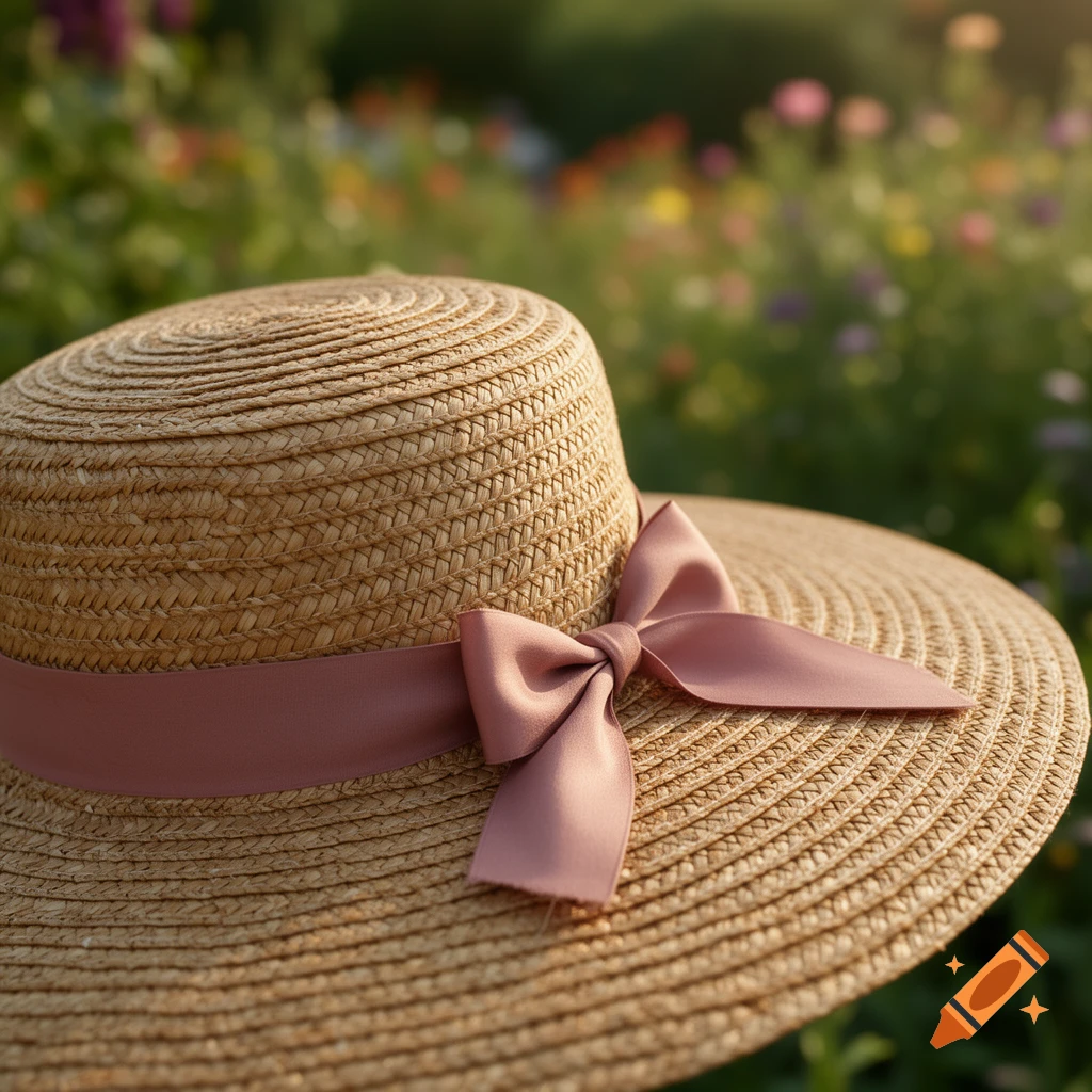 A close-up of a woven straw hat with a pink ribbon tied in a bow, set against a blurred background of colorful garden flowers.