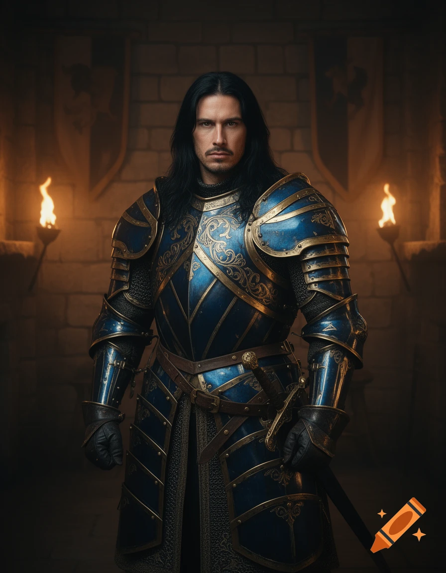 A man with long black hair in ornate blue and gold medieval armor, holding a sword, stands in a torchlit stone castle hall. Photorealistic.