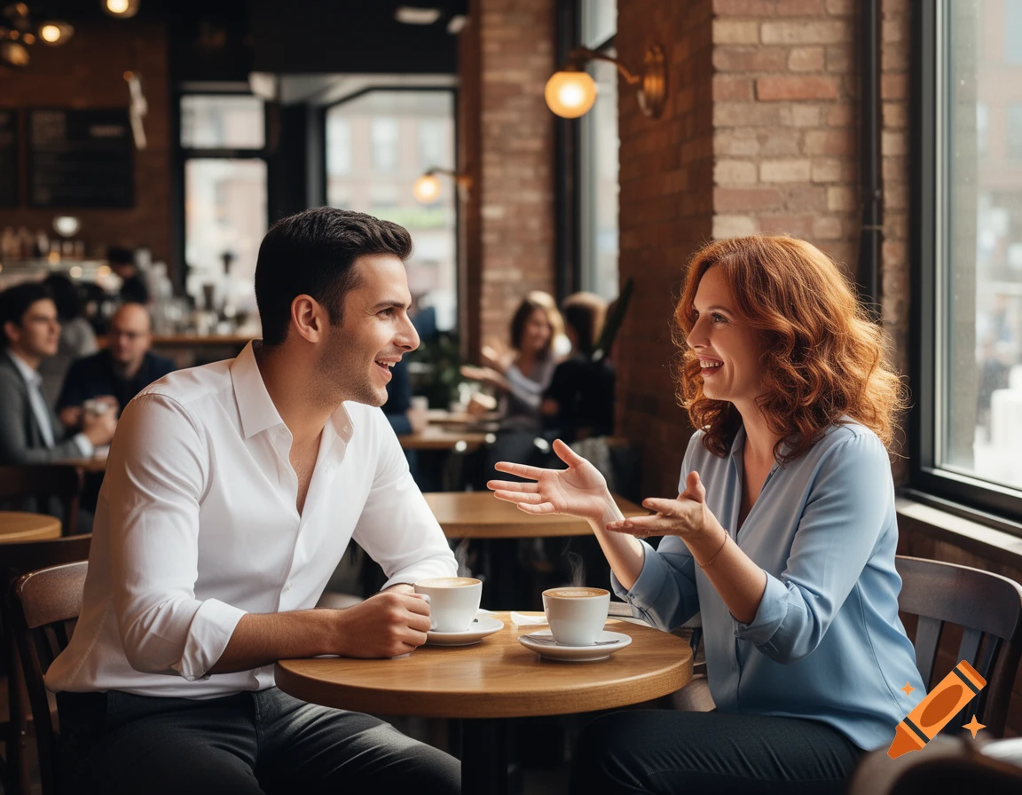 A man and a woman smile and talk over coffee at a table in a bustling cafe.