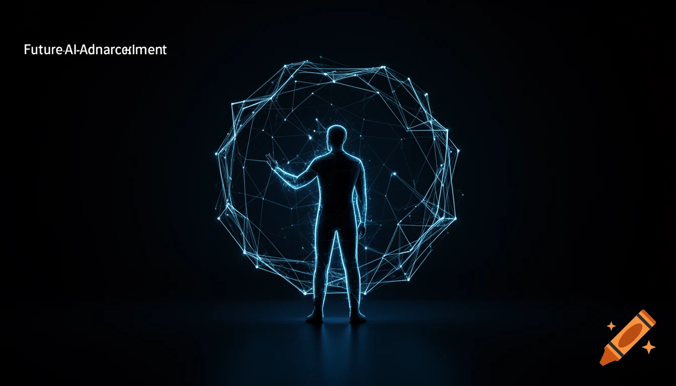 A glowing blue silhouette of a person interacting with a complex digital network sphere on a dark background, futuristic minimalist style.