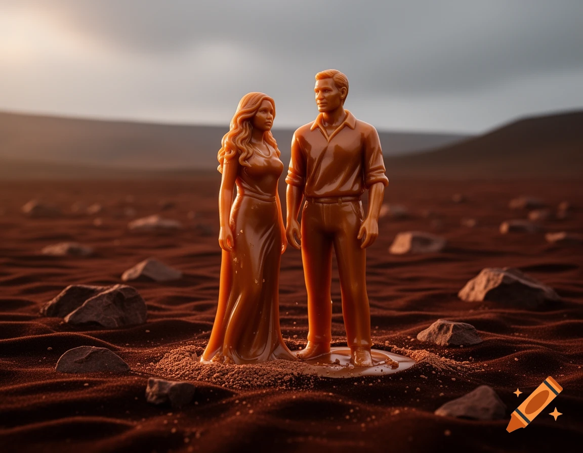 A man and woman made of glossy caramel stand on a dark, rippled chocolate moor with scattered rocks under a cloudy sky.