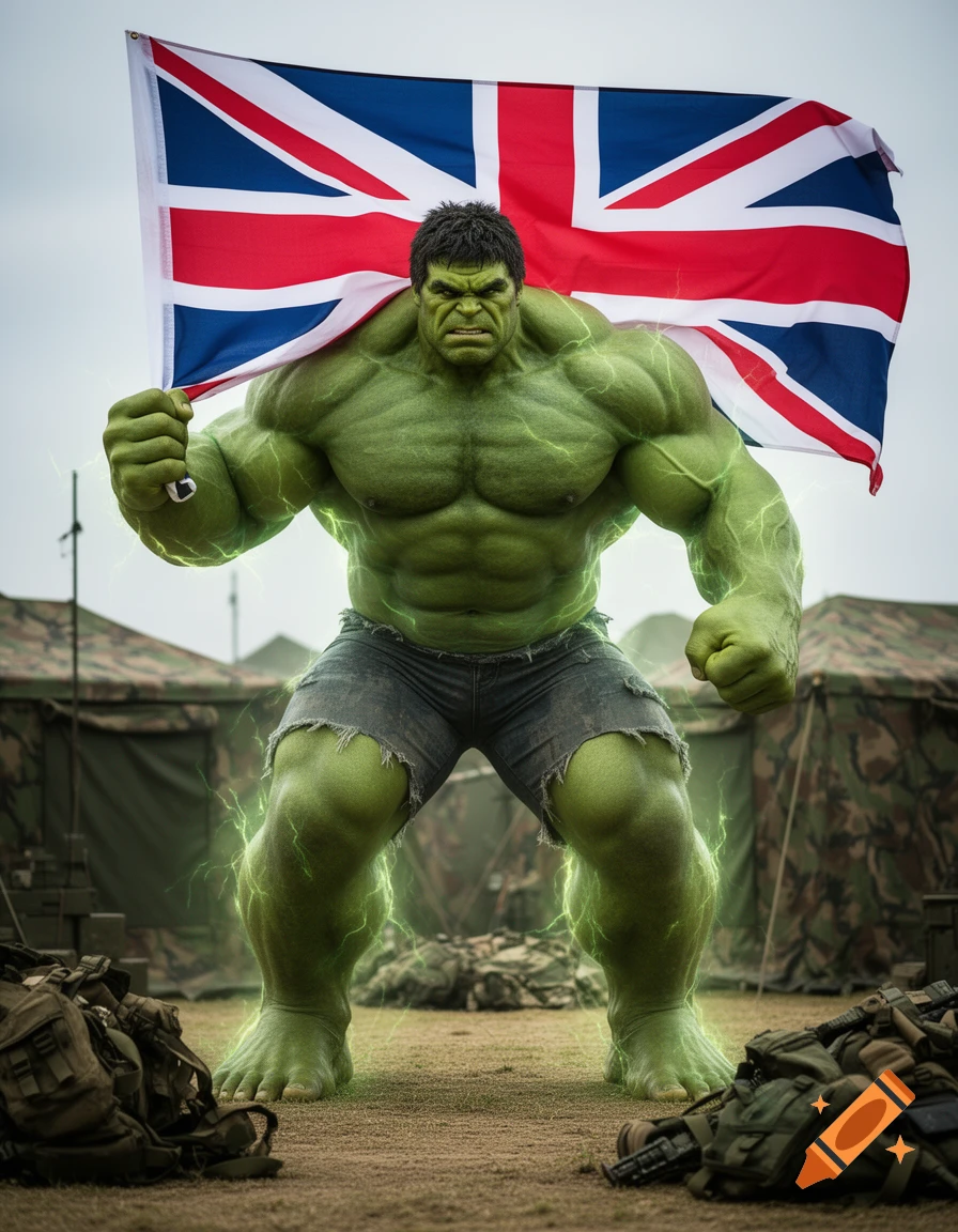 Massive Incredible Hulk holding a British flag, glowing with green energy, stands in a military encampment.