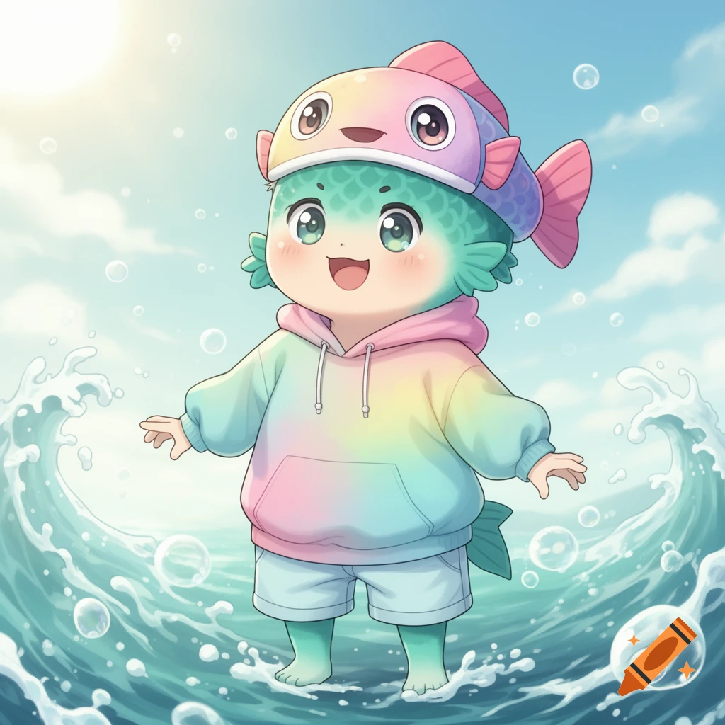 Cute anime fish-human child in a pastel rainbow hoodie and fish hat stands happily in wavy blue water under a sunny sky.