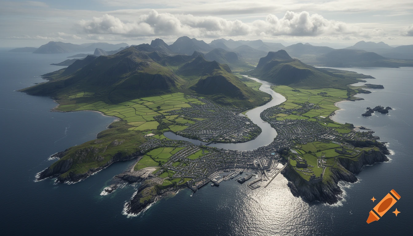 Aerial view of a coastal town with a winding river, green fields, and mountains, next to the sea under a cloudy sky.