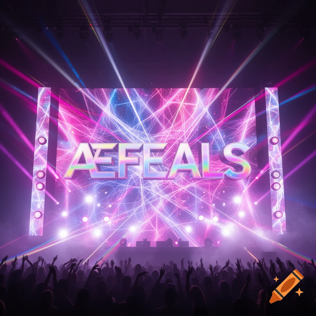 A vibrant music concert stage with 'ÆFEALS' displayed on a large screen, surrounded by bright neon lights and a silhouetted crowd.