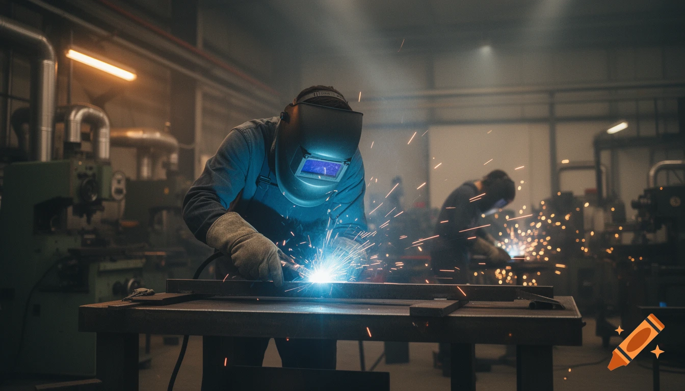 Two industrial welders in a workshop. One welds metal, creating bright sparks, while another works in the background. Ultra-realistic.