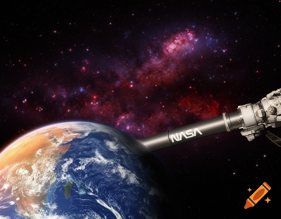 Photorealistic view of Earth from space with a NASA spacecraft and vibrant nebulae in the background.