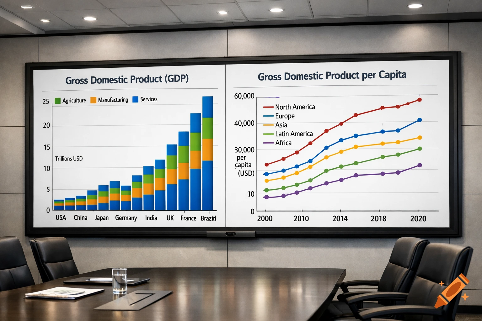 A modern conference room with two large screens displaying economic data graphs. The left screen shows a stacked bar chart of Gross Domestic Product (GDP) by sector for various countries, while the right screen presents a line graph of Gross Domestic Product per Capita over time for different global regions.