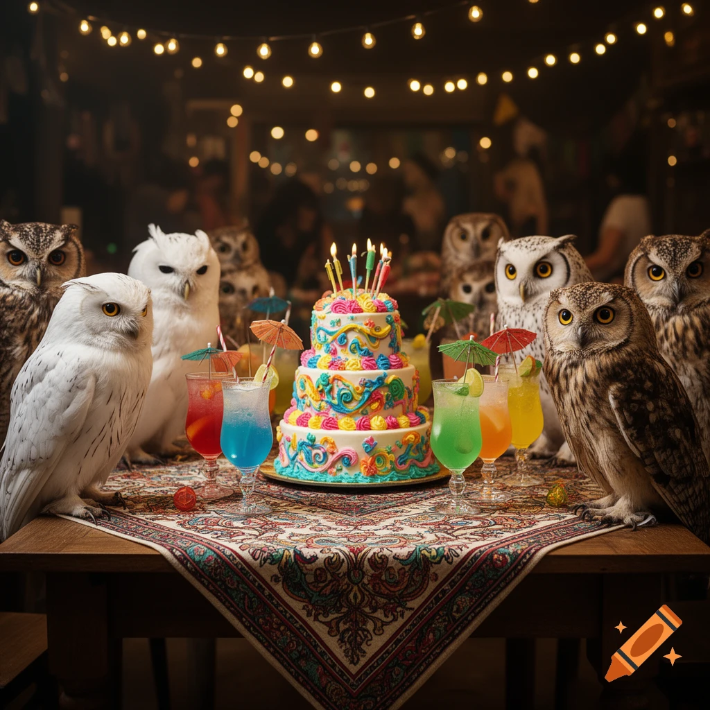 Owls gathered around a colorful birthday cake with lit candles and cocktails on a patterned tablecloth, under string lights.