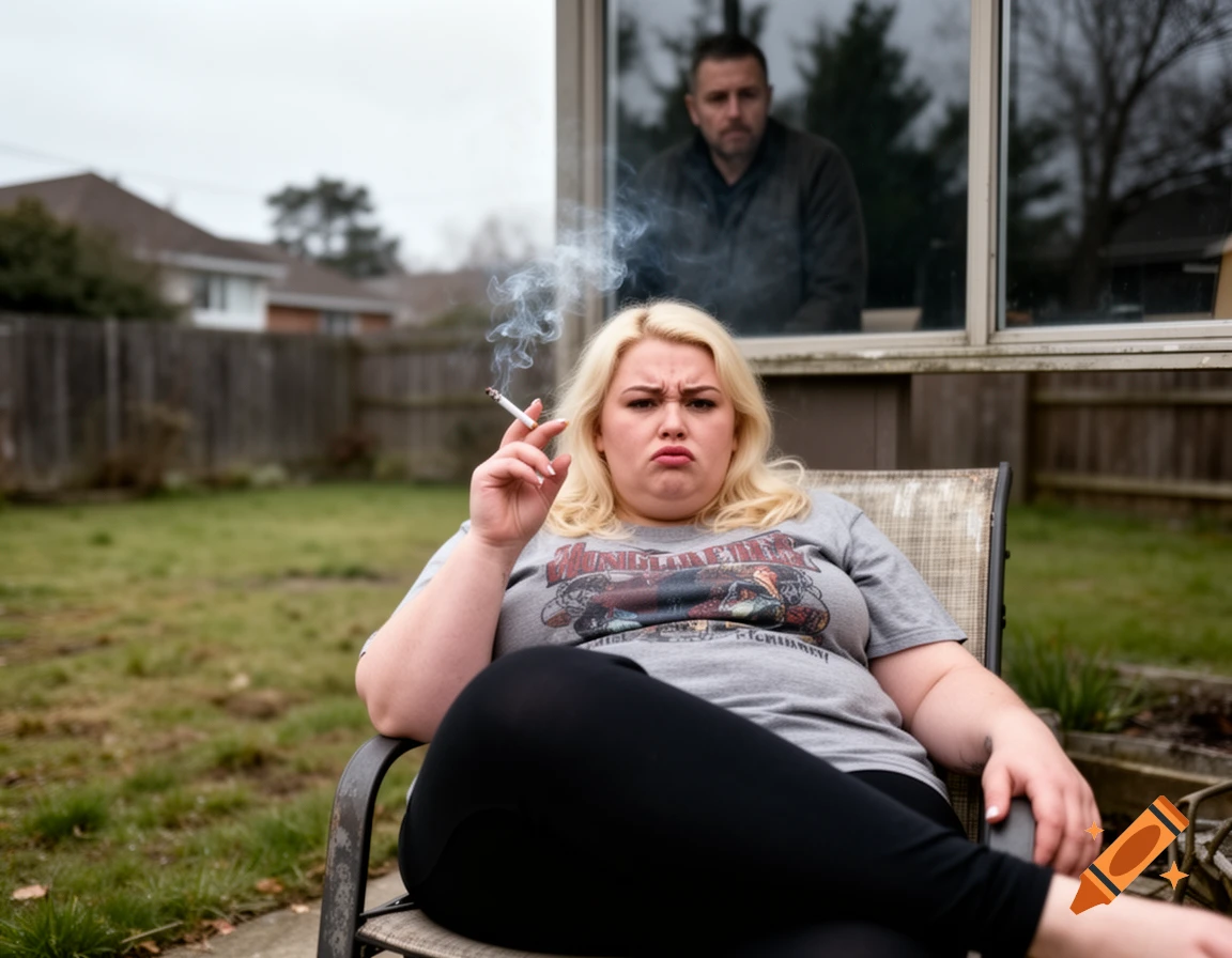 A blonde woman with a pouting expression smokes a cigarette in a backyard chair, while a man looks on sadly from a house window.