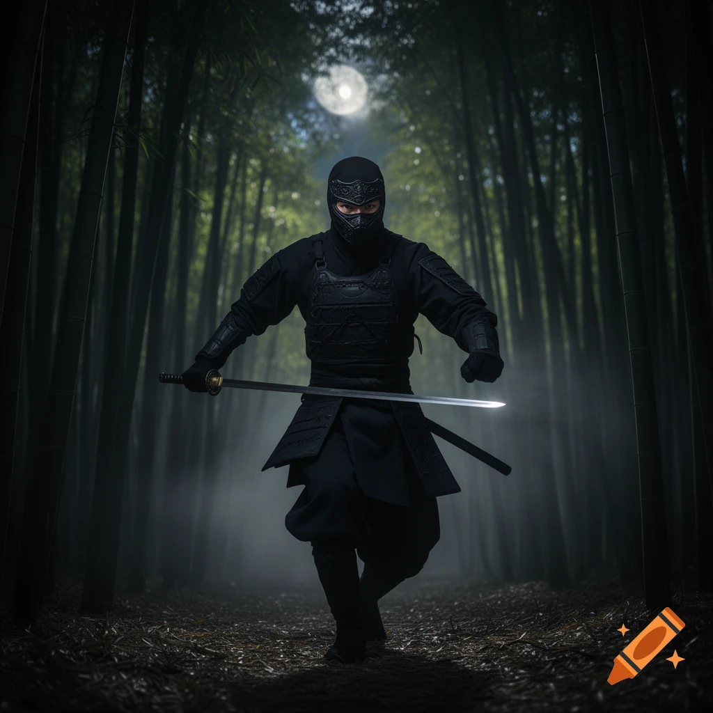 A ninja in black attire stands in a dark bamboo forest, holding a glowing katana under a full moon.