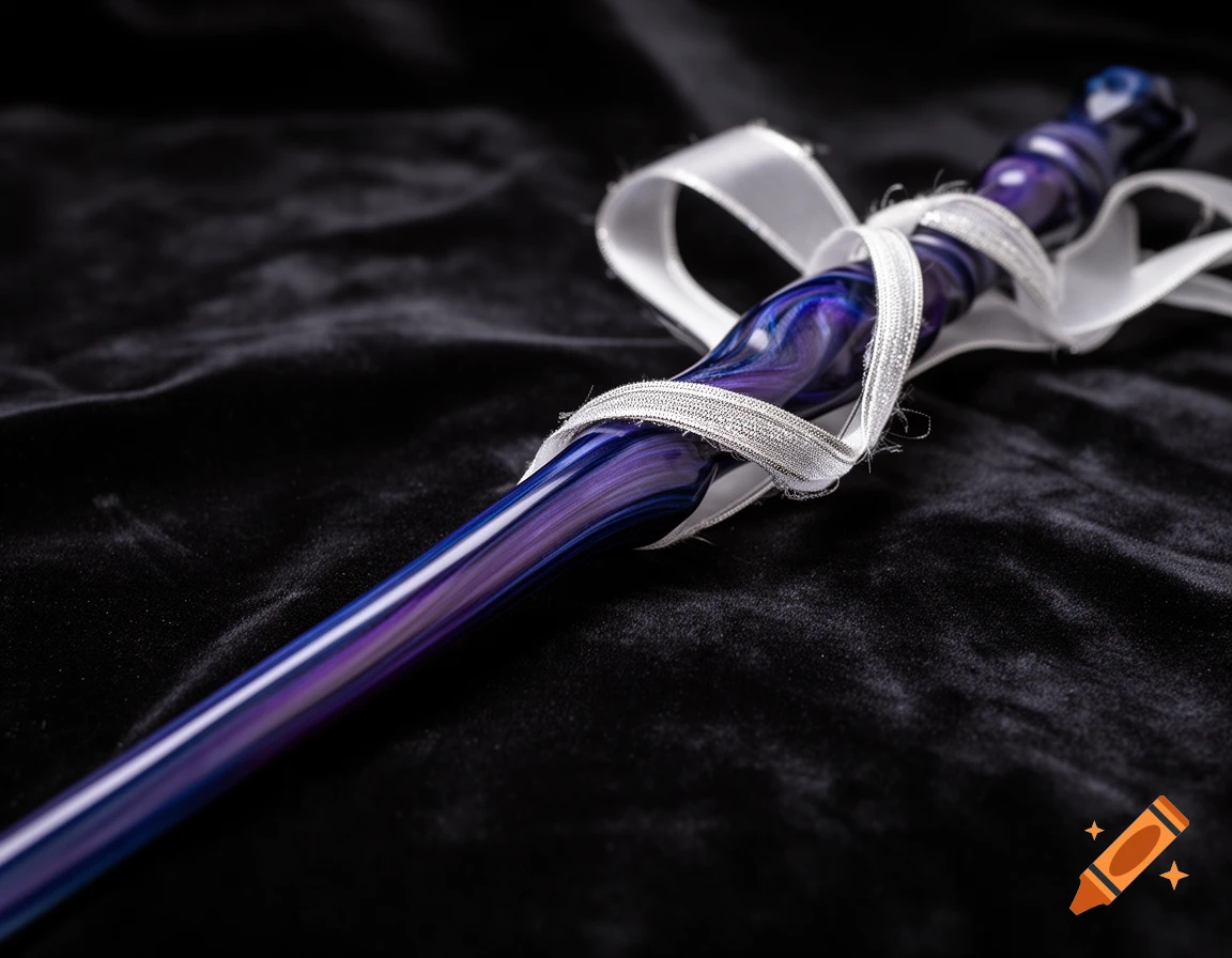 An elegant blue and purple wand with a silver and white ribbon loosely wrapped around it, resting on black velvet.