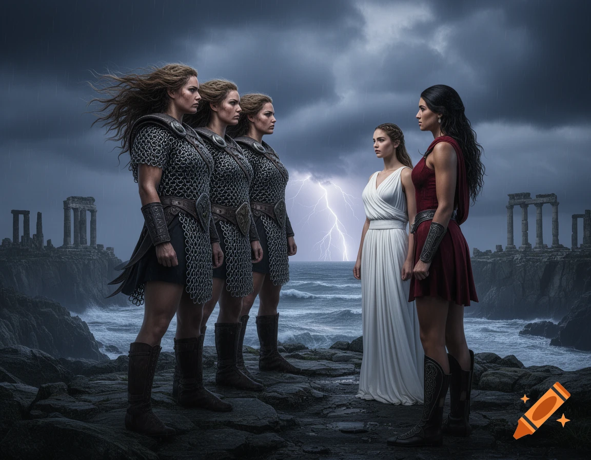 Five women on a rocky coast under a stormy, lightning-filled sky with ancient ruins. Three women in chainmail armor face two women in flowing white and red dresses.