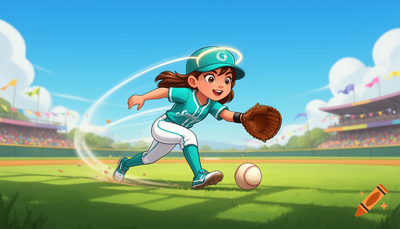 Cartoon girl in a teal uniform and cap fields a ground ball on a sunny baseball field, with a stadium in the background.