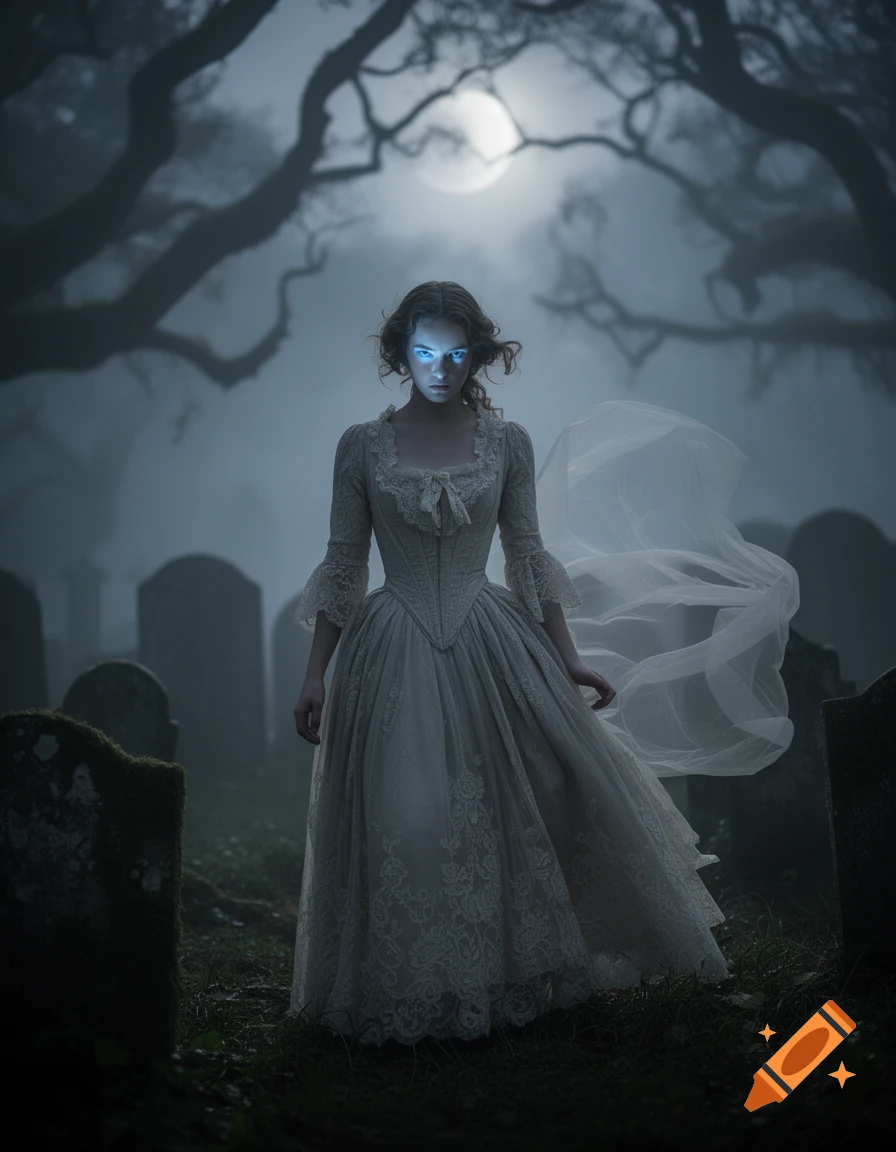 A ghostly woman with glowing blue eyes in a flowing white dress stands in a foggy, moonlit graveyard with bare trees and tombstones.