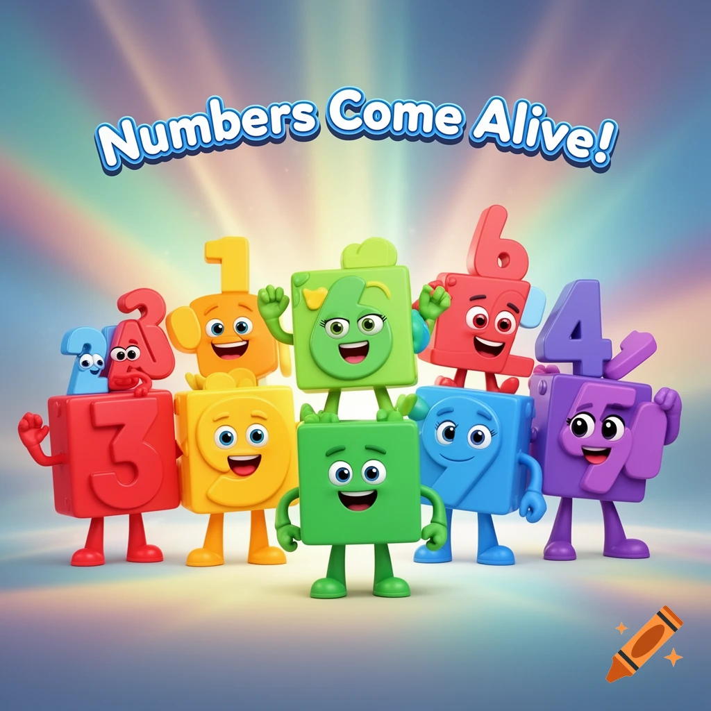 A group of cheerful, colorful 3D animated anthropomorphic numbers with faces and limbs stand together, with 'Numbers Come Alive!' text above.
