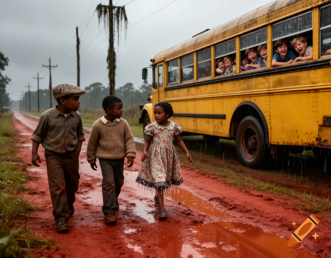 Three African American children walk on a muddy red dirt road in the rain as white children laugh from a passing yellow school bus.