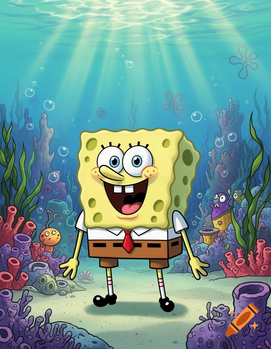 SpongeBob SquarePants stands smiling underwater among colorful coral and sea plants, with sun rays piercing the surface.