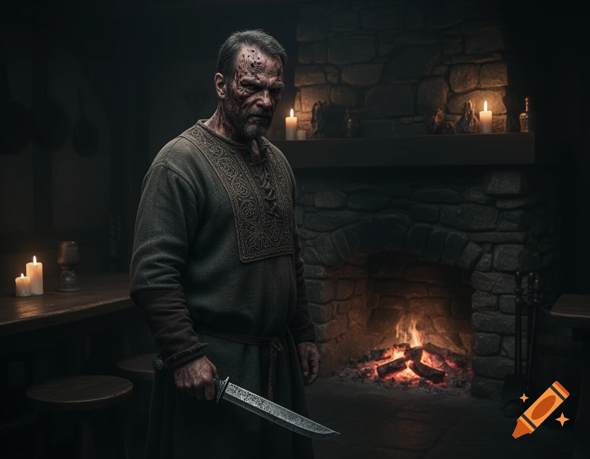 A scarred, grizzled medieval man in a tunic holds a dagger in a dimly lit tavern with a stone fireplace, photorealistic.