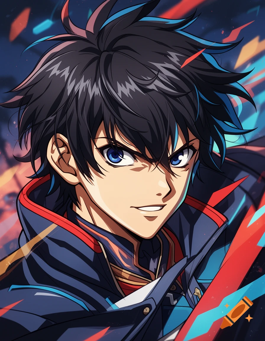 Close-up anime portrait of a young man with black spiky hair and blue ...