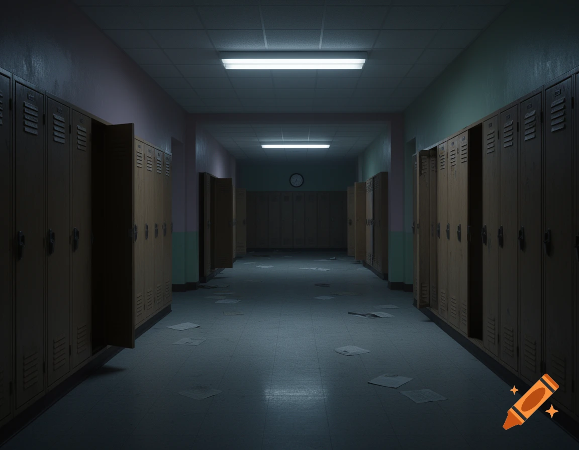 A dimly lit, empty school hallway with rows of lockers, some ajar, and scattered papers on the floor, creating a liminal, eerie atmosphere.