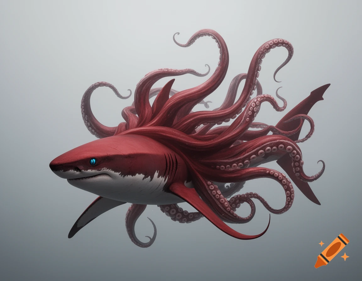 A vibrant red shark with blue eyes and numerous red octopus tentacles instead of a tail, swimming in a misty grey underwater scene.
