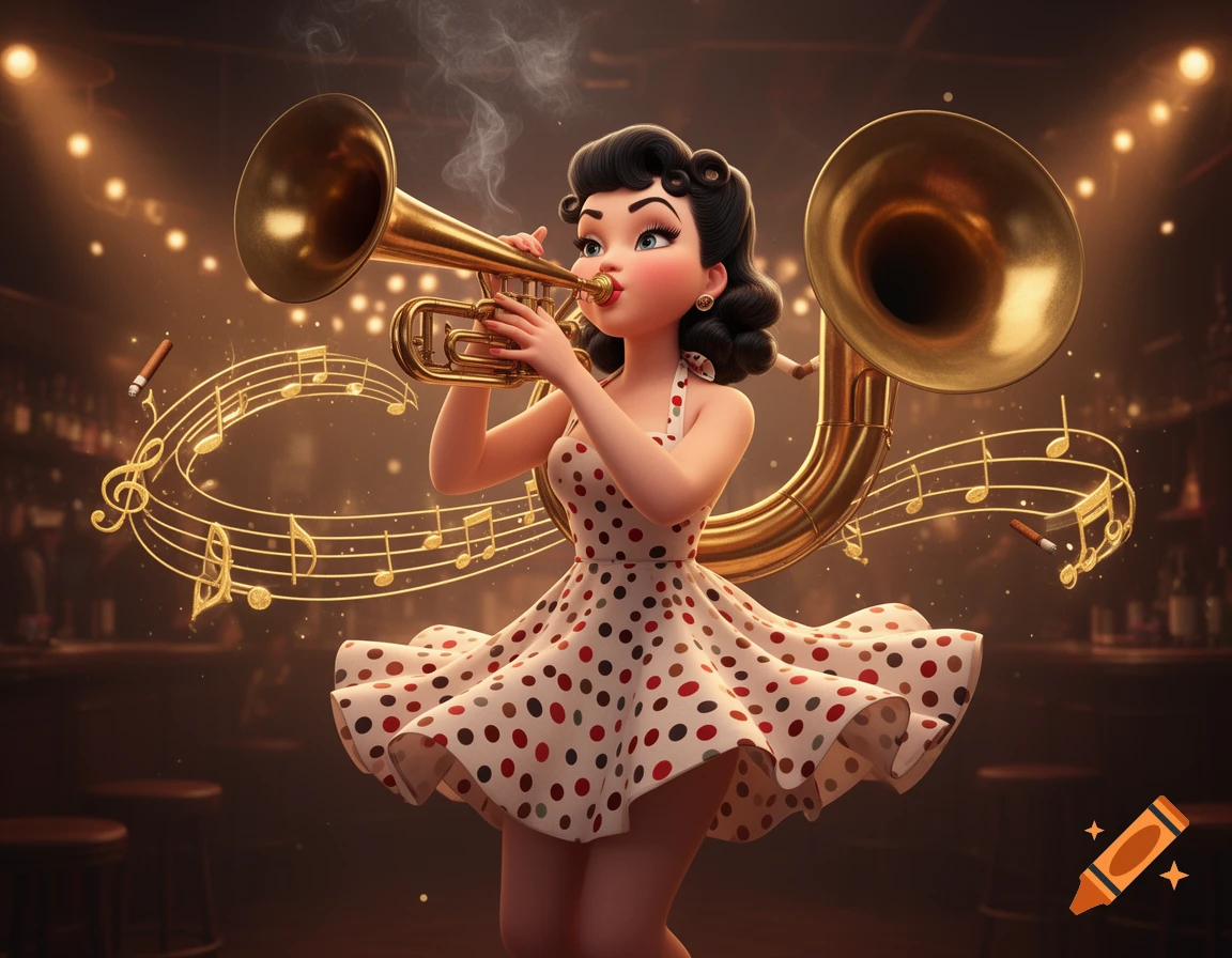 A stylized 3D cartoon woman with black hair and a polka dot dress plays a trumpet in a dimly lit bar, surrounded by floating musical notes.