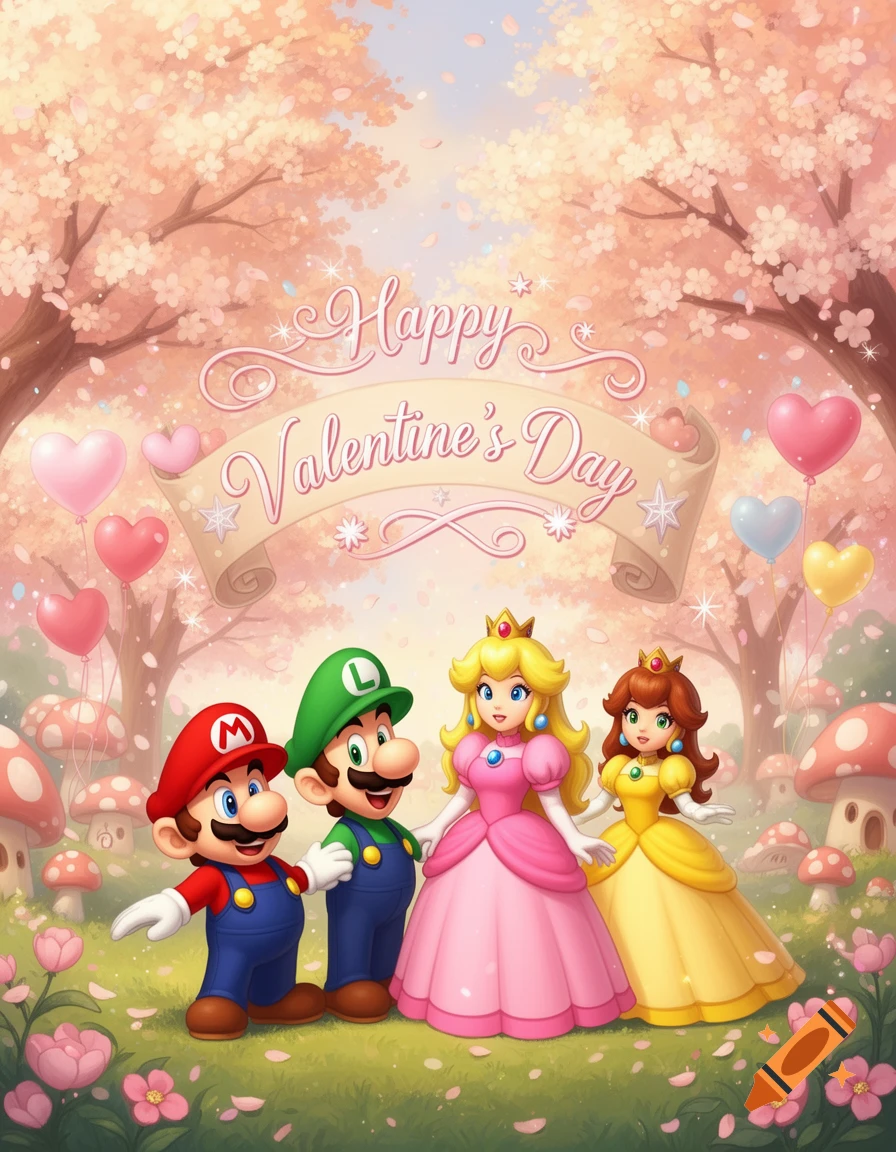 Mario, Luigi, Princess Peach, and Princess Daisy in a romantic cherry blossom forest with a 'Happy Valentine's Day' banner.