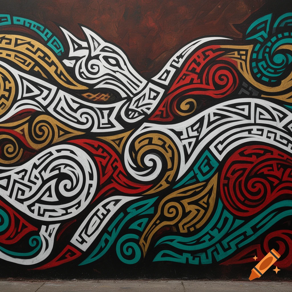 A vibrant tribal art painting featuring a stylized white horse head and body, intertwined with red, gold, and teal swirling patterns on a dark background.