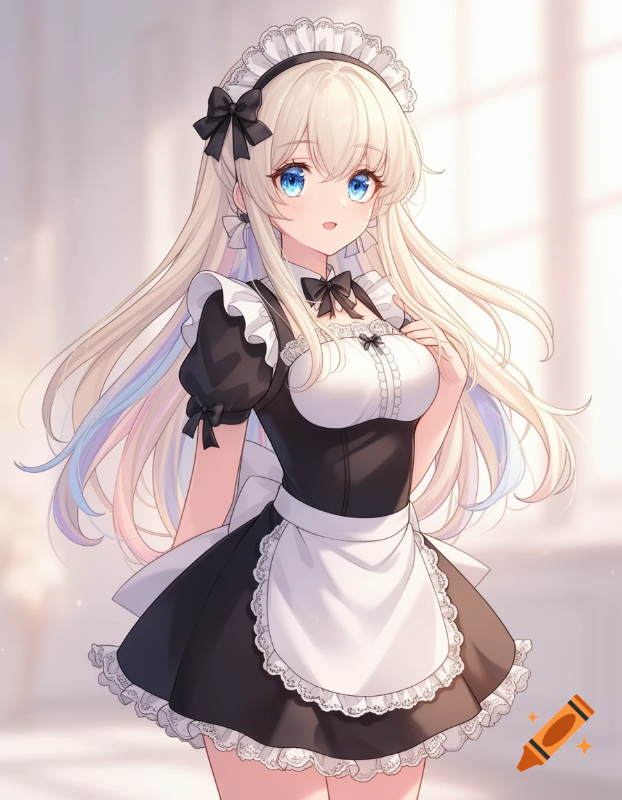 An anime girl with long blonde hair and bright blue eyes, wearing a black and white ruffled maid dress with bows.