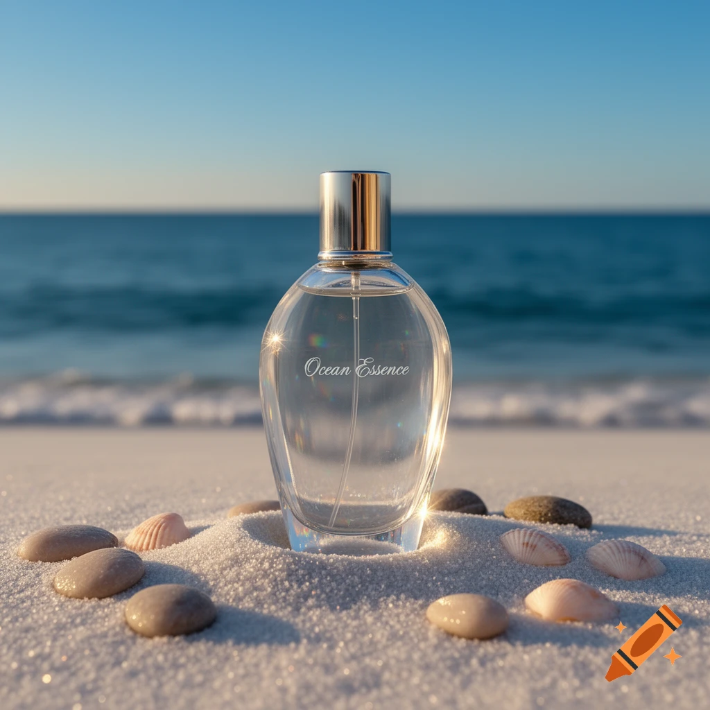 A clear perfume bottle labeled 'Ocean Essence' sits on a sandy beach with seashells, backed by a blue ocean under a clear sky.